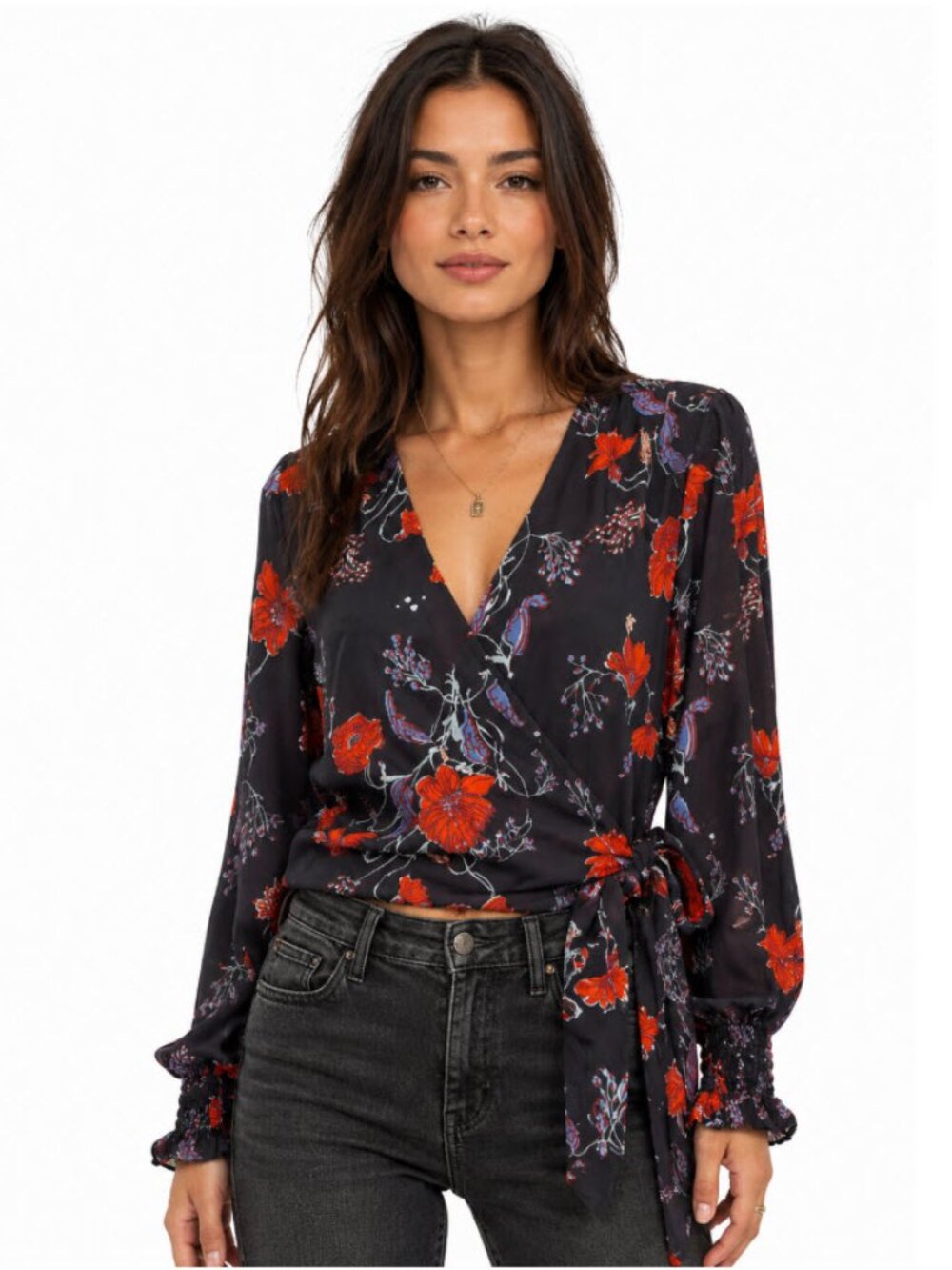 Madewell 100% Silk Floral Smocked Sleeve Wrap Top Navy Red Size Medium